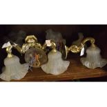 Pair of 20th century brass double wall lights with scroll stems and frosted glass shades; together