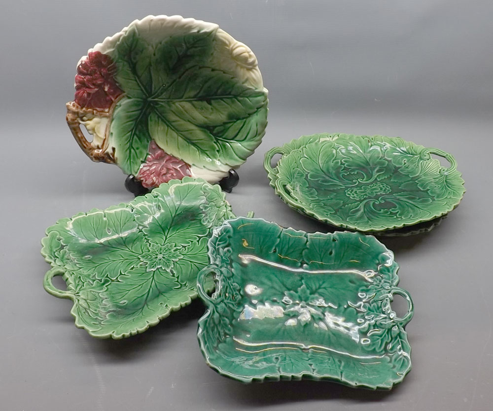 Mixed lot: 19th century Majolica glazed leaf formed serving dishes in a variety of patterns (qty)