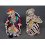 Pair late 19th or early 20th century figural jars modelled as a seated lady and gent, 8" high