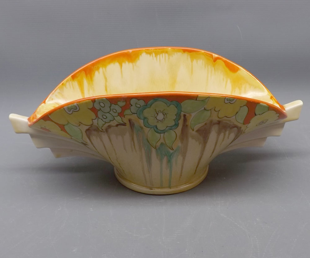 Clarice Cliff bizarre pattern, daffodil vase, 13" wide