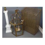 Mixed Lot: comprising a ceramic table lamp, a brass framed lantern and a brass framed letter cage