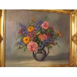 Bridge, modern oil on canvas study, vase of flowers in heavy gilt frame, 23 x 19 ins