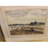 Enid Mills, framed watercolour study, figures by a quayside, 14 x 10 ins