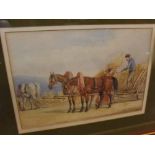 Indistinctly Signed, watercolour study, Farm workers with horse and cart at harvest, 20" wide