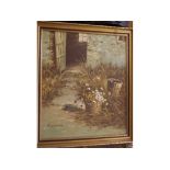 Chadwick, oil on canvas study, Redundant courtyard scene in contemporary gilt frame, 27 x 20 ins