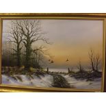 S F Clarke (20th century, British) Pheasant In Flight over a Winter Landscape oil on canvas,