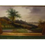 Maynard, pair of oil on board studies, Rural landscapes in contemporary wood and gilt finish frames,
