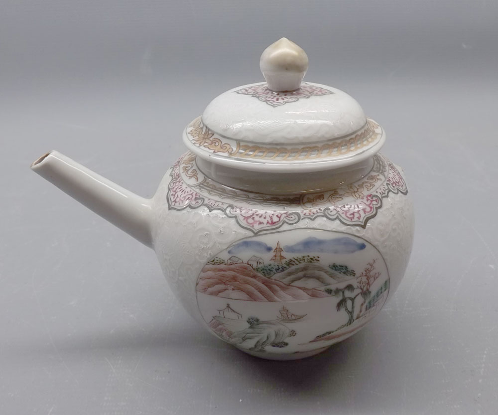 18th Century Chinese Export Teapot, painted in colours with panels of Chinese river scenes, on a