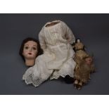 Small 4 1/2" continental doll, with painted face and glass eyes, in period clothing; together with a