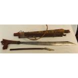 Vintage Dyak sword, 22" blade, wooden grip (damaged), wooden scabbard with short sword and