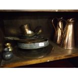 Group: assorted etched brass Indian circular trays, further brass ashtray, vases and a further
