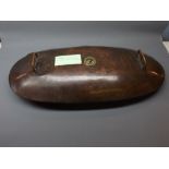 19th century oval copper coach warmer with brass handles, 28" x 12"