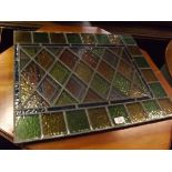 Pair of 20th century leaded stained glass windows with decorative coloured glass with shaped cubed