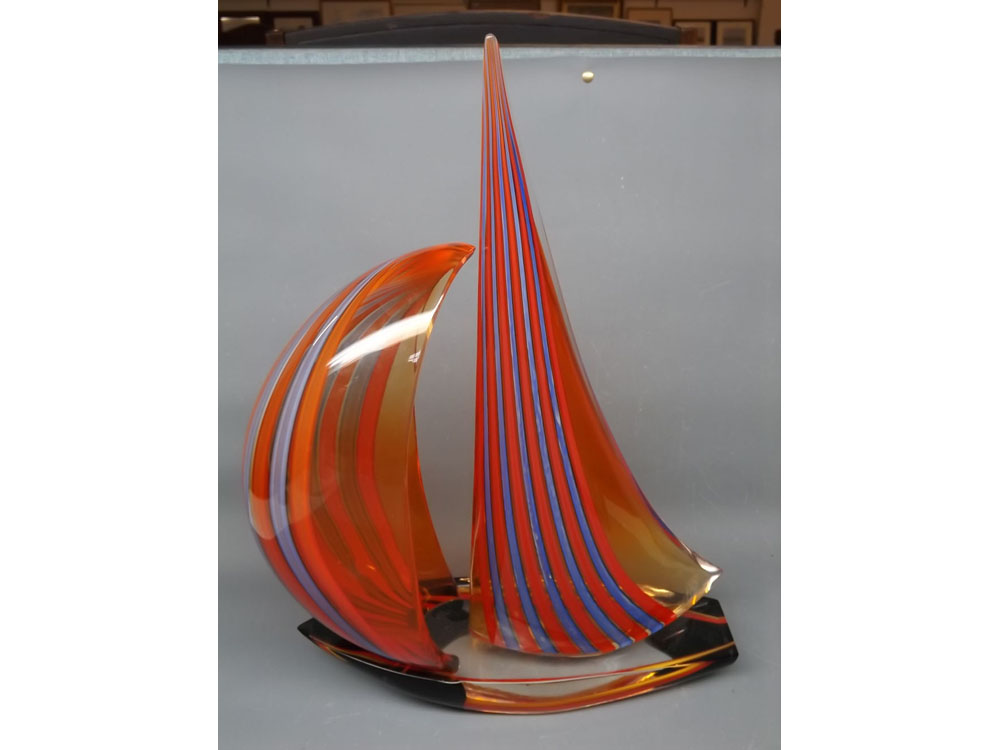 Modern Murano glass sculpture of a boat with multi-coloured blue and orange stemmed sails, signed "