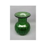 20th century green glass bulbous vase with ribbed detail, measuring 8 1/2"