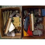 Three boxes: assorted Hornby tinplate and other trains, track and accessories