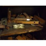 Vintage box plane, together with two vintage moulding planes, six pressed brass folding plate