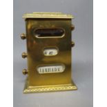Late Victorian brass cased perpetual calendar of rectangular form, with sloping top, side adjusters,
