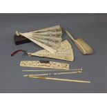 Box: two Oriental bone fans, handbag mount, brush etc