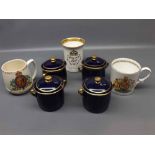 Four Limoges blue and gilded two-handled chocolate pots together with further Aynsley