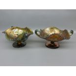 Pair of glass carnival two-handled dishes on raised pedestals with fruit detailing, 9" wide x 4"