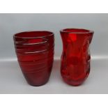 Whitefriars red glass vase with ribbed design, together with a further Whitefriars red glass vase