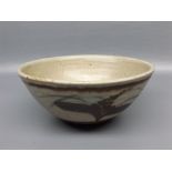 David Leach studio pottery bowl with rustic ground and leaf design, 6" diameter