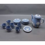 Wedgwood blue Jasperware coffee set with 6 coffee cans and saucers, together with coffee pot, with