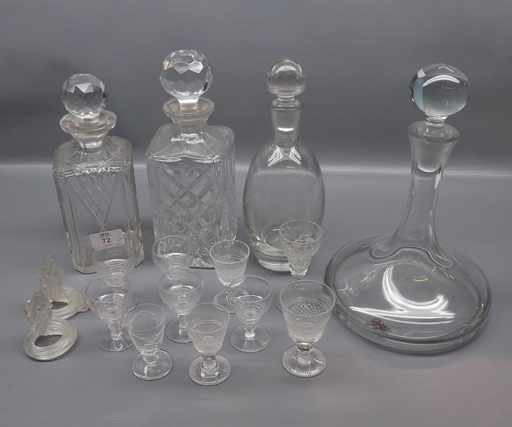 Group of 19th century glass wares to include two square formed cut glass decanters, a further modern