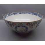 18th century Chinese famille rose bowl with decorative panels of figures (A/F), 11" diameter