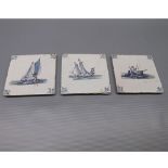 Three 19th century blue and white Delft tiles depicting pictures of sailing vessels, 5" wide