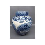 Large blue and white Wedgwood ginger jar with decorative printed landscape scenes, and matching