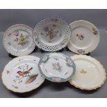 19th century bird decorated plate A/F, together with a further floral ribbon edge plate, both
