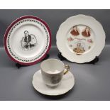 19th century moustache cup and saucer bearing printed portrait of Rev J Alford-Davies, together with