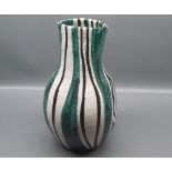 Italian studio pottery bulbous vase with pressed sides, green, cream and brown striped design with