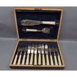 Mid-20th century mahogany cased set of 6" fish knives and forks, together with servers, width 13 1/