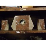 1920s stylised marble two tone clock garniture, of cube form (A/F)