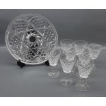 Good quality 20th century cut glass shallow dish together with 8 small Waterford cut glass port