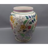 Poole Pottery bulbous vase with multi-coloured floral design, with impressed mark to base of E-BN,