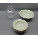 Johnsons Bros green glazed dessert set, with six bowls and one larger example, together with a