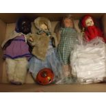 Group: four assorted modern dolls with painted faces, together with a further vintage tinplate