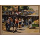 Bob Brandt, signed, oil on board, "Market Day" (Norwich), 12 x 16 ins, together with a pencil