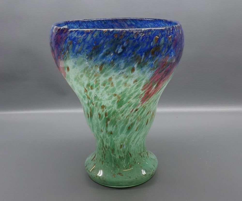 Studio glass vase of mottled form, with flecked gilded decoration, 10 1/2" tall x 8" diameter