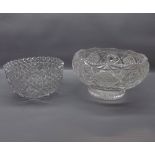 Cut glass heavily facetted bowl, with shaped top and engraved floral detailing; together with a