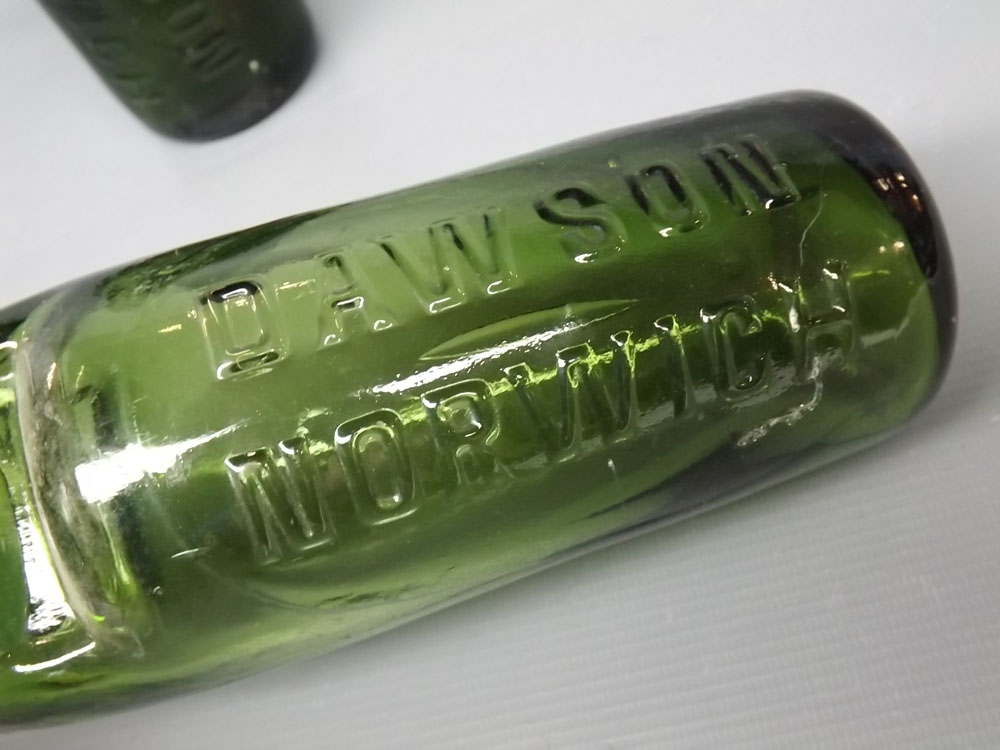 Two dark green glass Codd bottles, Dawson's Norwich, height 9" (2) - Image 2 of 4