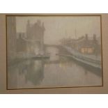 P Richardson, signed, pastel, Town and canal by night, 15 x 20 1/2 ins