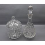 Heavily cut lidded container (A/F), together with a further cut glass decanter with matching stopper