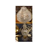 Cut glass and facetted mushroom style light, with double knobbed column and matching shade, together