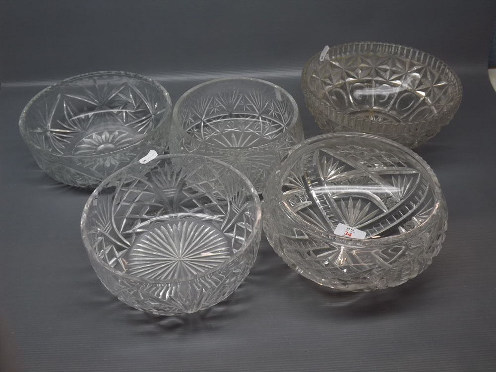 Group of five 20th century cut glass bowls, approx 9" diameter