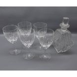 Set of five clear cut glass wine glasses, together with a further diamond stepped clear glass